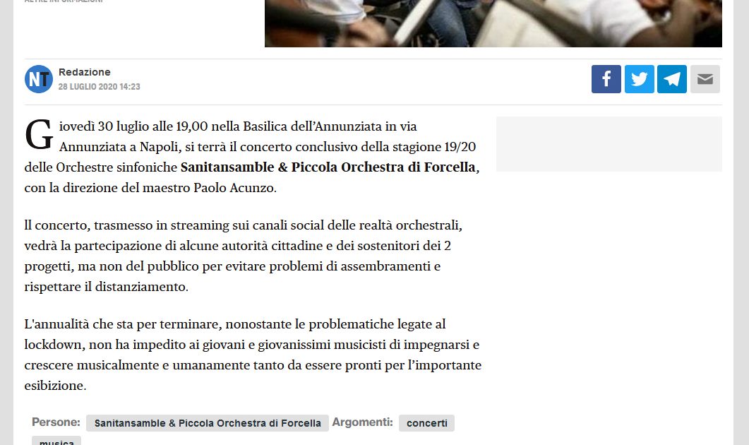 Napolitoday.it: Sanitansamble & Piccola Orchestra di Forcella, concerto in streaming